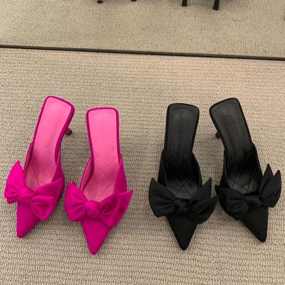 Mode 2024 Damen Hausschuhe Stiletto Sexy Hohe Absätze Schleife Hausschuhe Flip Flops Spitz Zehen Pantoletten Partyschuhe Frau Q438