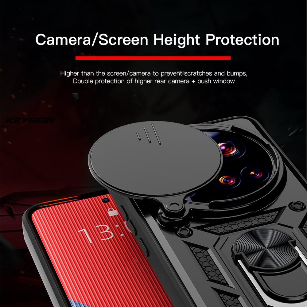 KEYSION Shockproof Armor Case for Xiaomi 15 Ultra 5G Slide Camera Lens Protection Ring Stand Phone Back Cover for Xiaomi15 Ultra