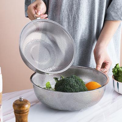 1pc Stainless Steel Thickened Drainage Basket with Dense Holes, Single Ring Vegetable Washing Rice Sieve Kitchen Storage Tools