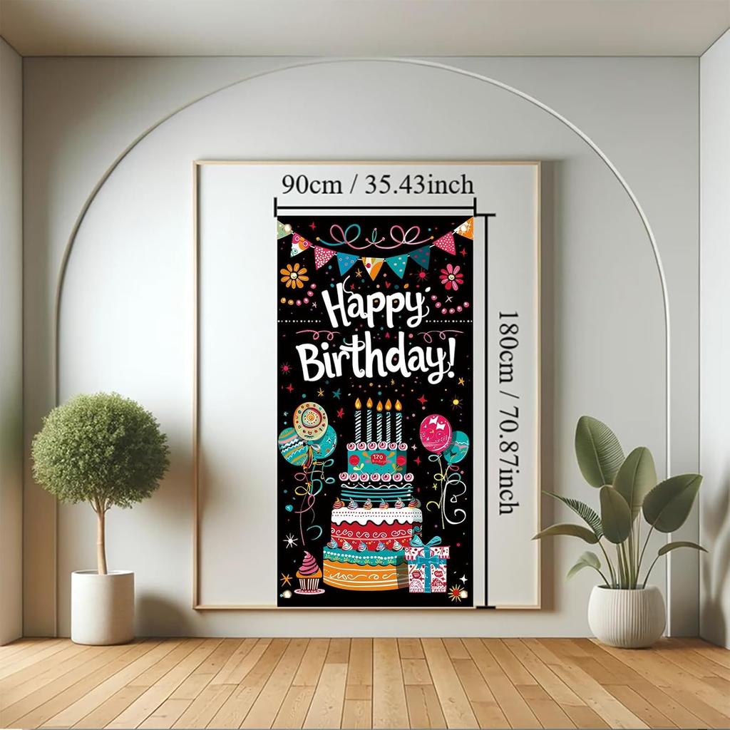 Birthday Door Cover Banner Colorful Cake Balloon Banner Party Decoration Hanging Backdrop for Kids Adults Birthday Celebration Entrance Photography