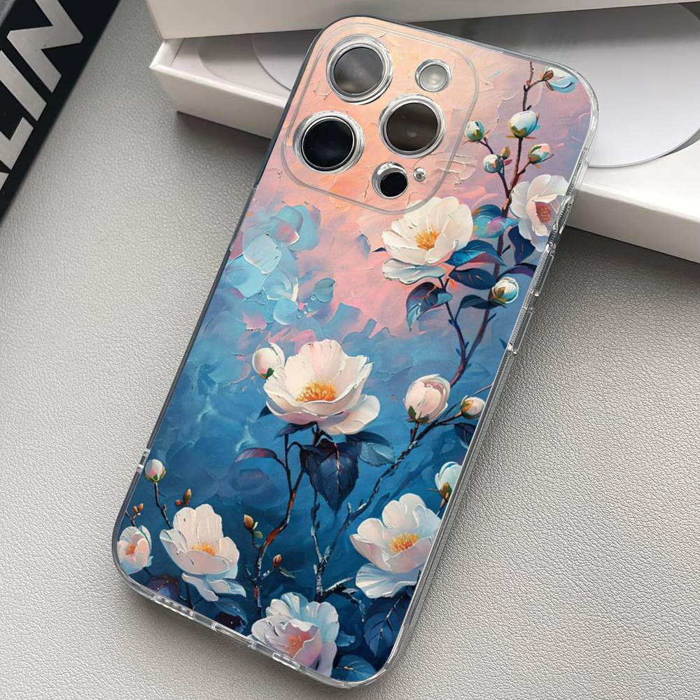 Oil Painting Of Flowers Transparent Phone Case For iPhone 17 16 15 11 12 13 14 Pro Max Mini Soft TPU Silicone Plus
