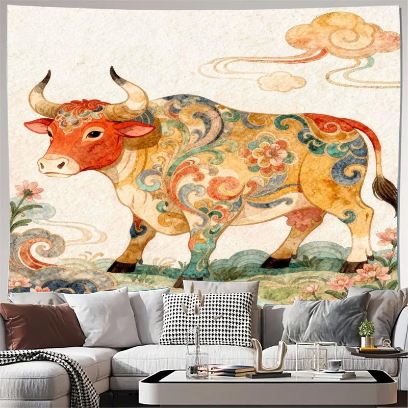 Vibrant Oriental Bull Tapestry Wall Hanging Asian Decor Mythical Chinese Art Backdrop Fabric Print Living Room Home Wall Decorat