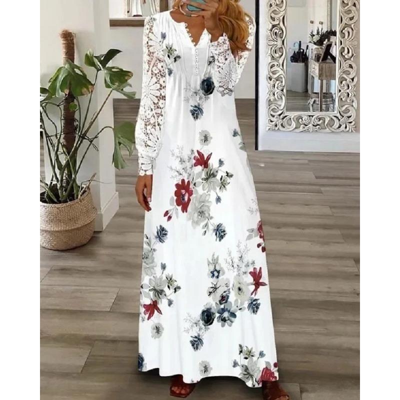 JPNTKYWomen's Fashion Autumn Winter Solid Color Print Long Sleeve V-Neck Casual Dresses