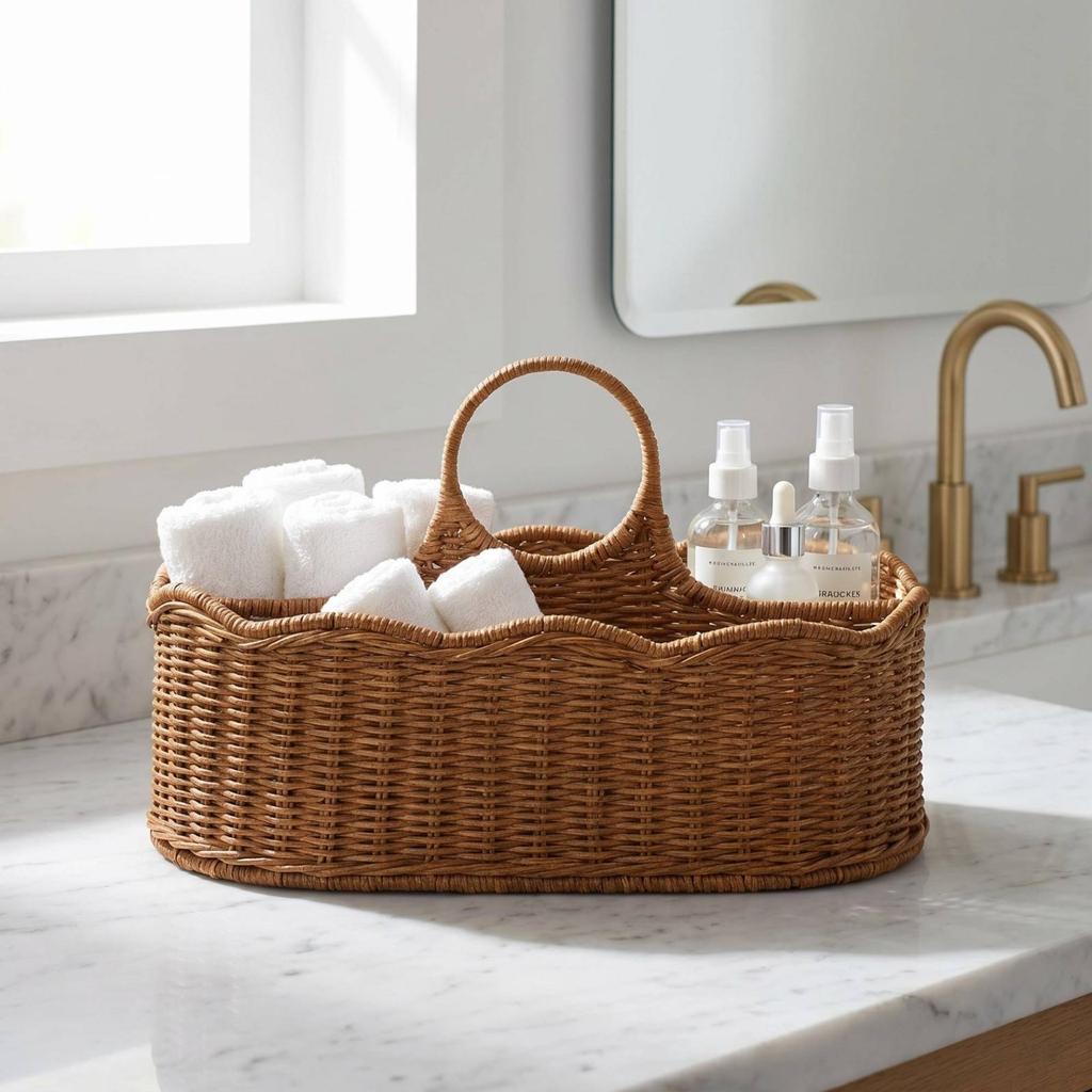Woven Basket Arched Handle Rattan Brown Tray Organizer