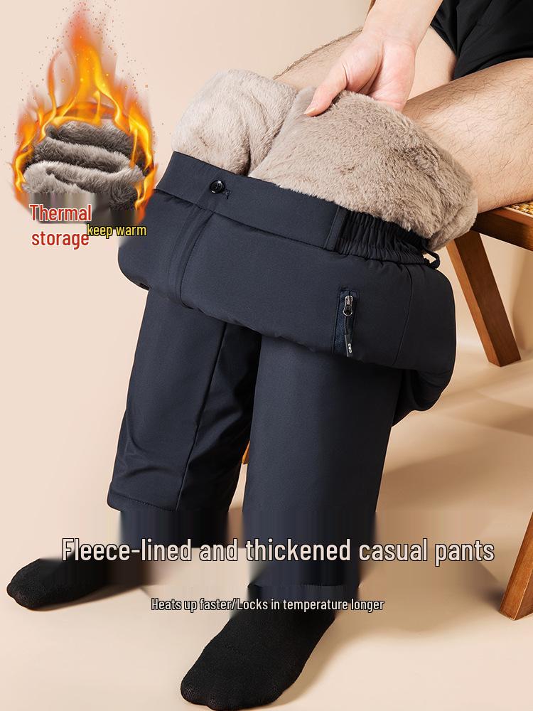 Romon Winter Elderly Men's Thickened Fleece-Lined Casual Cotton Pants