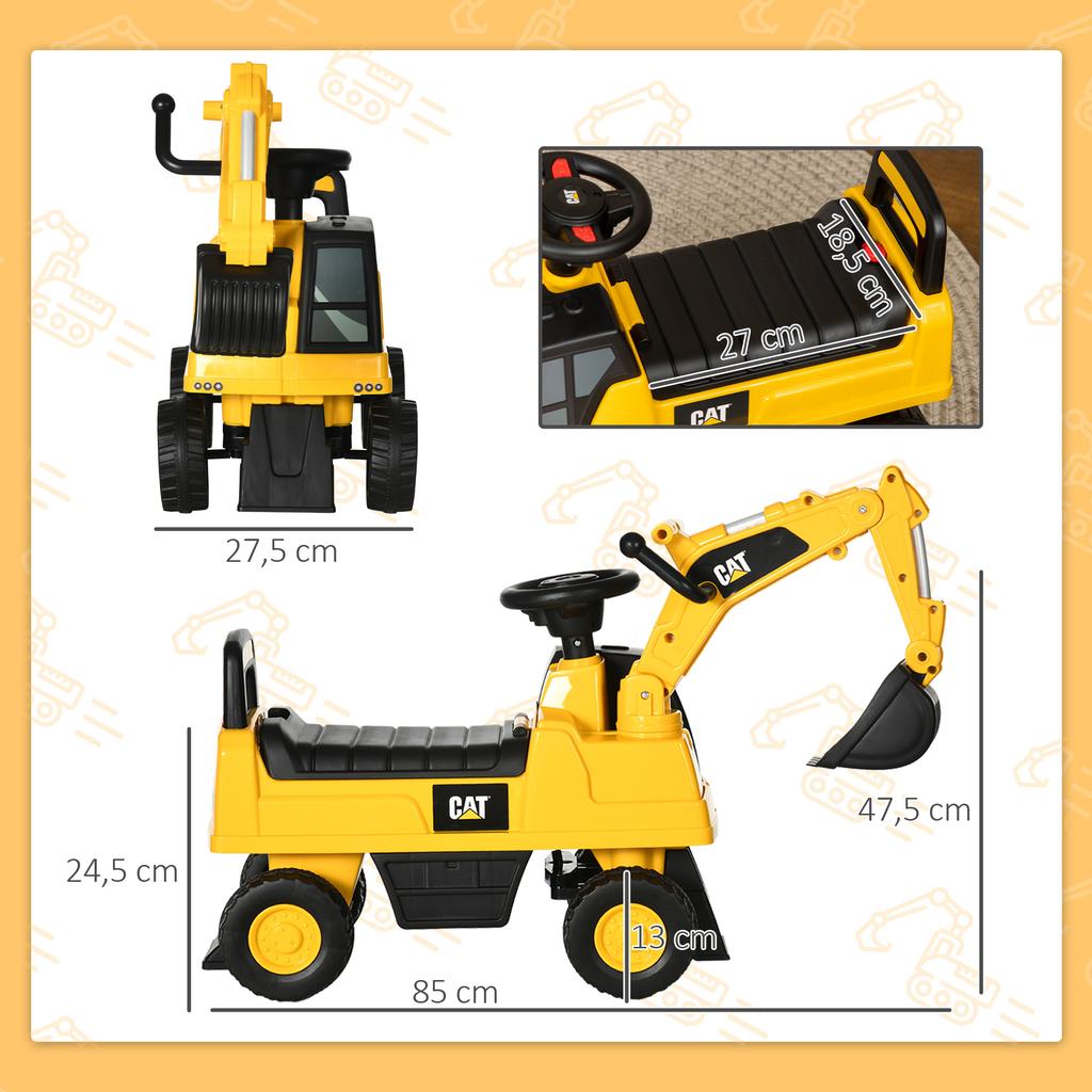 CAT-lizenzierter Kinderbagger, Fahrspielzeug, Handschaufel, Hupe und versteckter Stauraum, 85x27,5x47,5cm, gelb