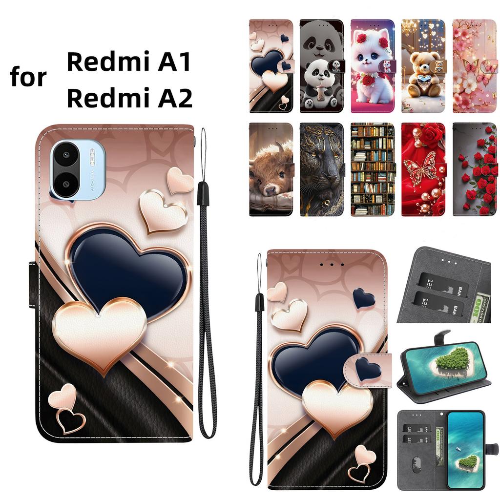 Handmade PU Leather Flip Case for Redmi A1/Redmi A2 Anti-Slip Shockproof Cover with Wrist Strap & Heart/Rose Cat Designs