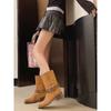Vintage Camel Coarse Heel Western Boots Wide Tube Medium Boots Small Square Head Frosted Short Boots