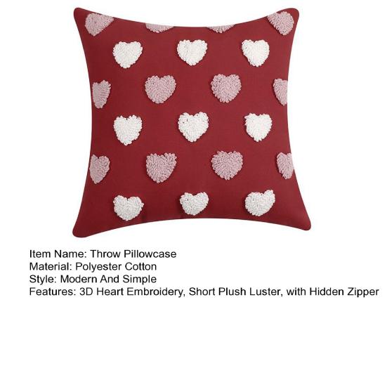 Valentines Day Throw Pillowcase 3D Heart Embroidery Short Plush Luster 45*45cm Hidden Zipper Closure Pillow