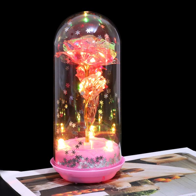 24K Everlasting Rose with Glass Lampshade: Gold Foil Rotating Luminous Music Ornament - Perfect for Qixi Festival or Birthday Gift