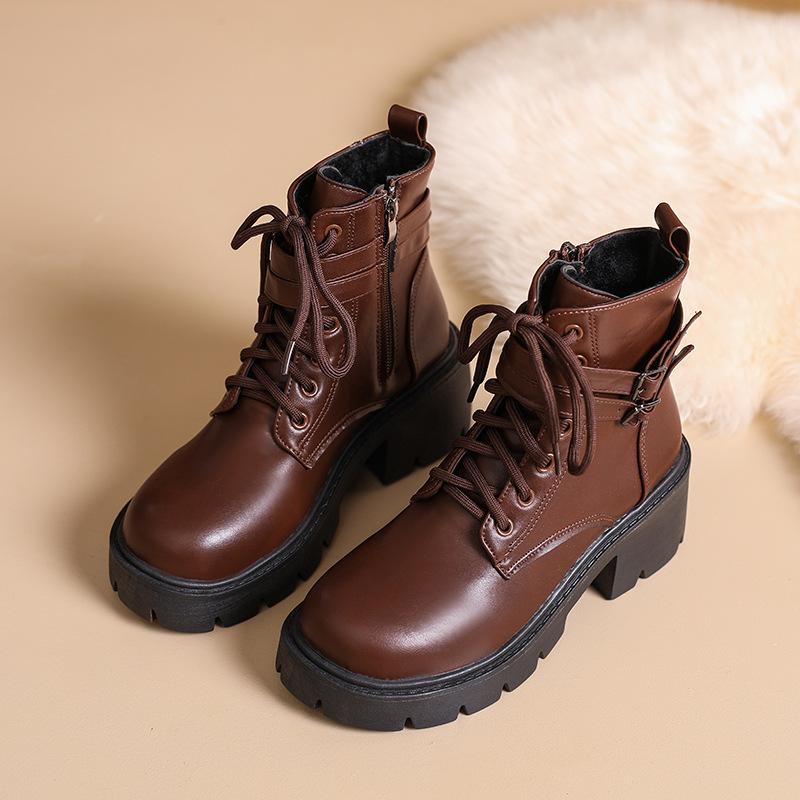 

Ботинки мартинсы женские 2025 осень и зима новые больших размеров ботинки с круглым носом на толстом каблуке на шнуровке повседневные полусапоги женские ботинки 43 коричневый