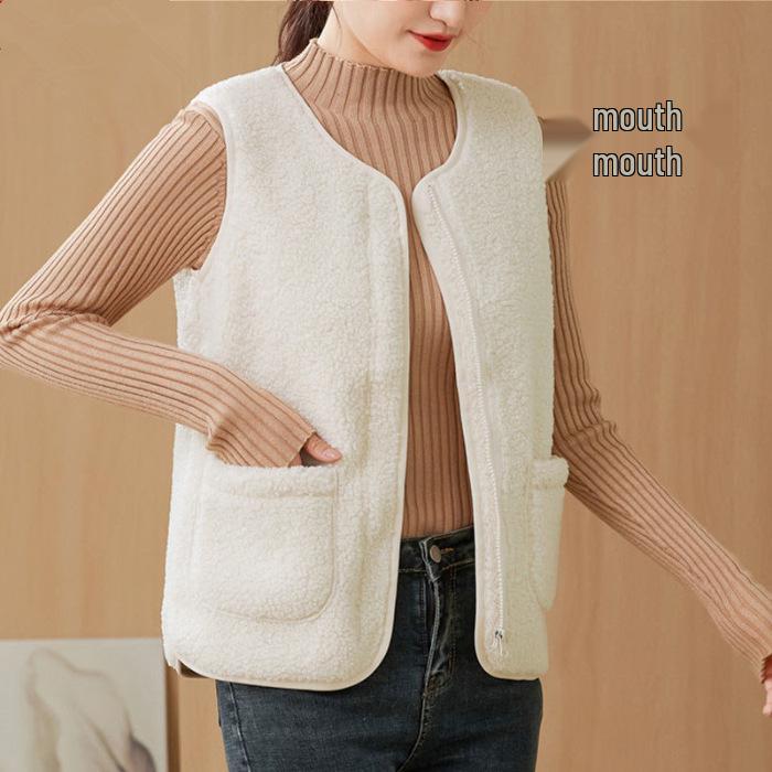 Gilet pour femme 2026 en laine d'agneau et cuir - Style coréen, Vêtement d'extérieur polyvalent Automne/Hiver