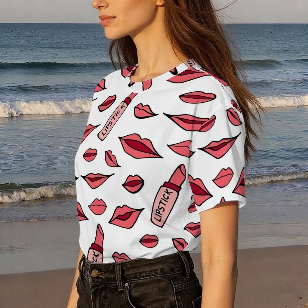 Simple and Personalized Lipstick Lip Print Short Sleeved Round Neck T-shirt for Women's Summer Casual Versatile Daily Top