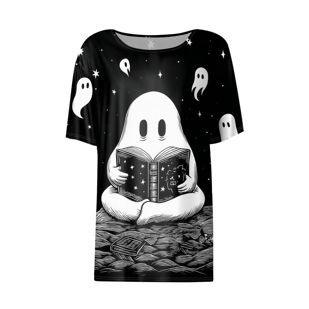 Womens Casual Short Sleeve Pullover Top Halloween Ghost Print Round Neck Relaxed Fit Tee Shirt