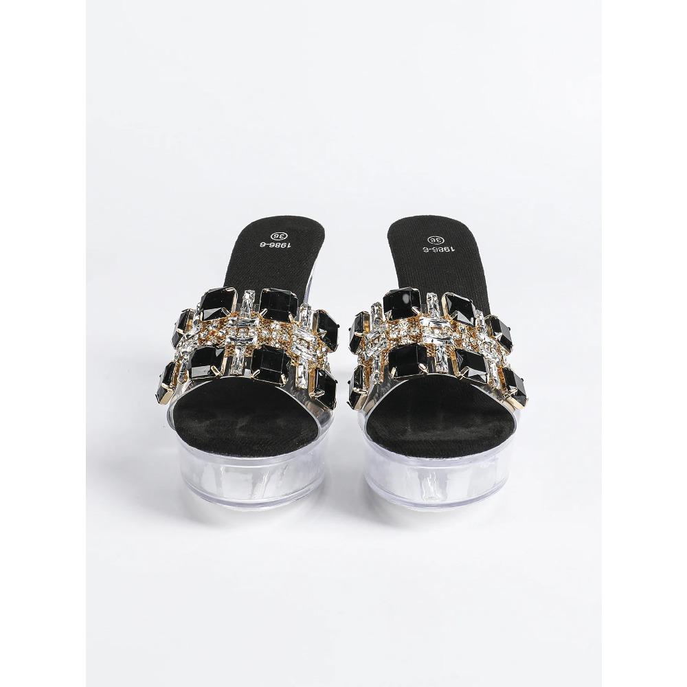 Women's 12cm Clear Chunky Heel Sandals - Fashion Square Toe Rhinestone Non-Slip Nightclub Shoes LFD-19866-10