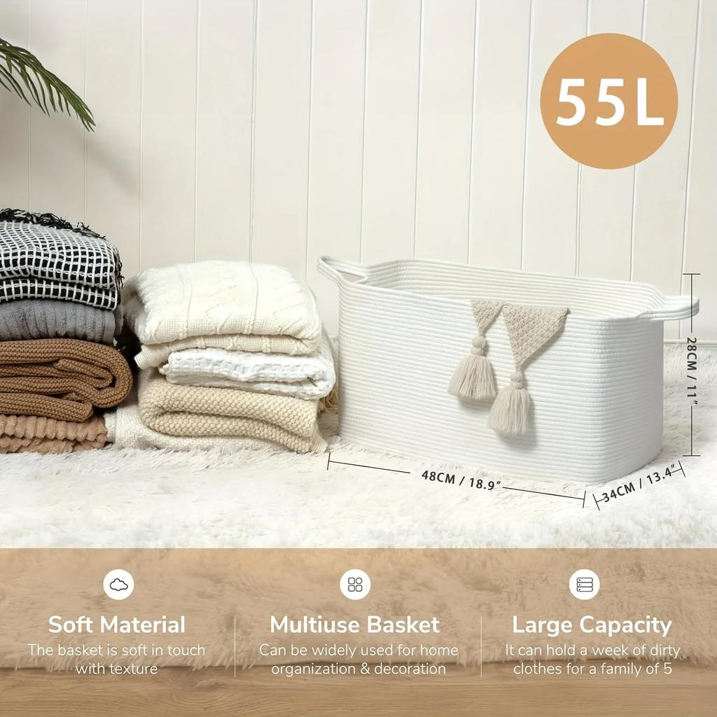 Cesto Grande Rettangolare per Coperte Intrecciato in Corda di Cotone per Nursery, Cesto per Bucato per Conservazione, Soggiorno, Organizer per Giocattoli con Manico