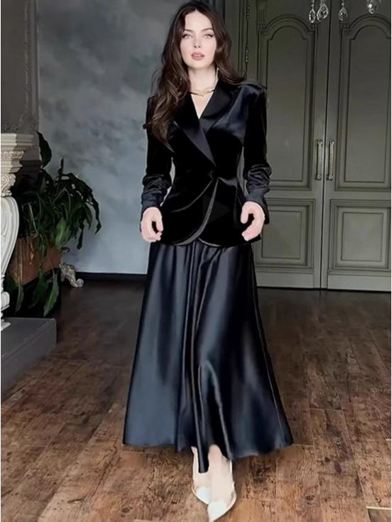 2025 Autumn European & American Elegant Solid Color Top and Skirt Set