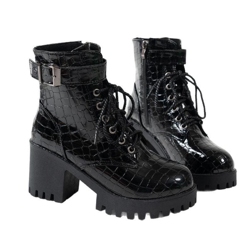 Stivali Martin da Donna a Punta Larga con Tacco Chunky Lucido - Stivaletti con Lacci Frontali e Cinturino con Fibbia, Stivali alla Moda Autunno/Inverno