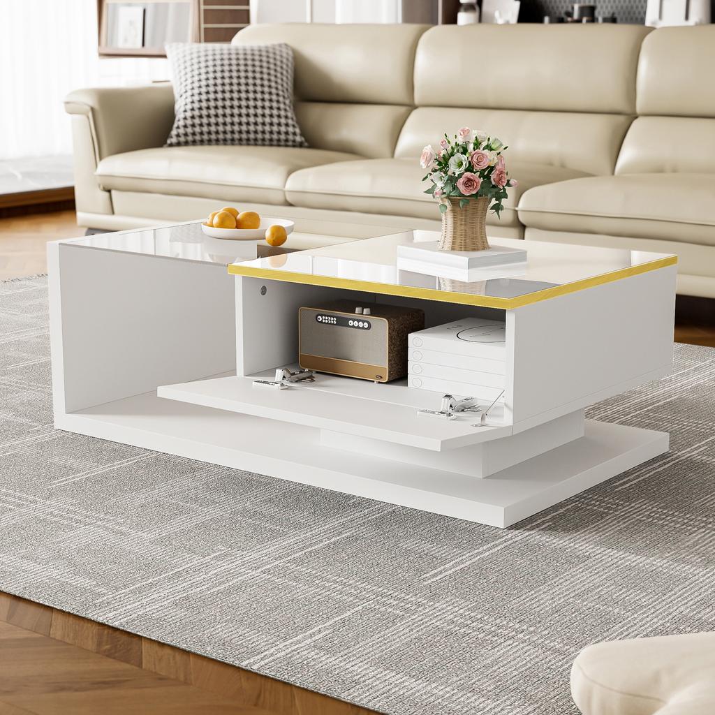 90 cm Langer Couchtisch, Hochglanz Weiß. Beistelltische, Couchtische mit Glas und LED-Effekt