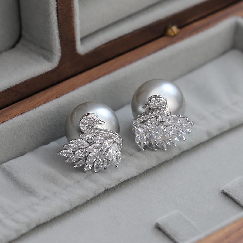 Swan full diamond zircon pearl stud earrings luxury high-end earrings S925 silver needle fashion personalized earrings women