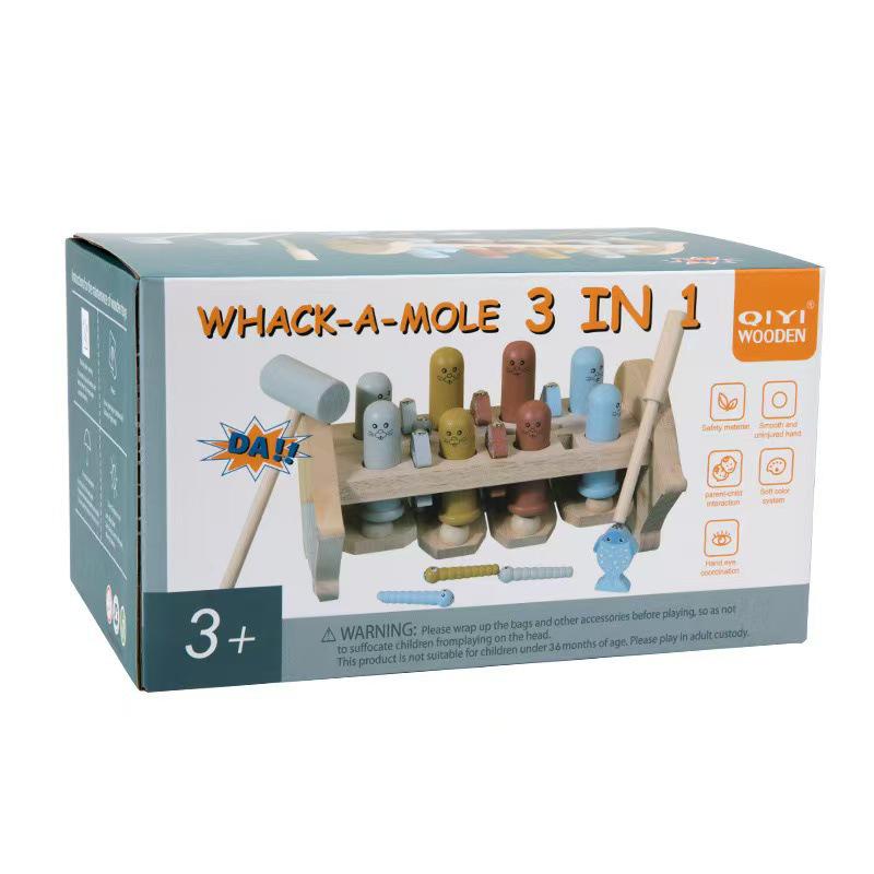 3-in-1 Wooden Baby Toy Car: Percussion, Whack-a-Mole, and Fishing for Ages 1-3