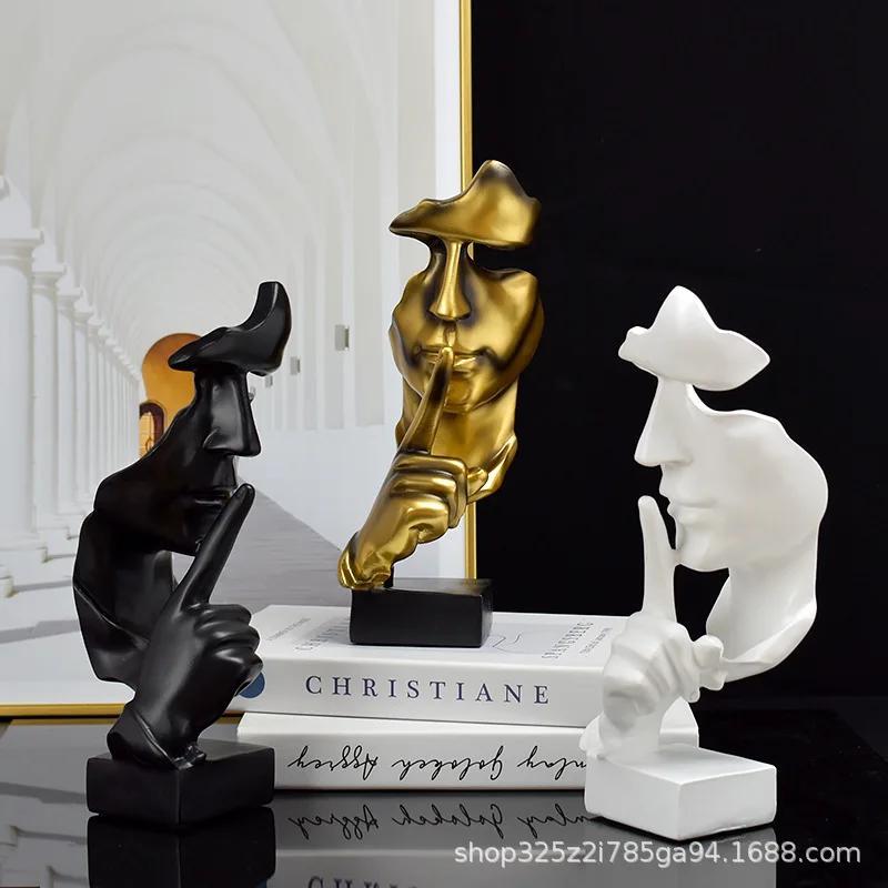 Home Decor Thinker Statue Sculpture Silence Is Gold Figurines Resin Retro For Office Study Living Room Abstract Face Ornaments