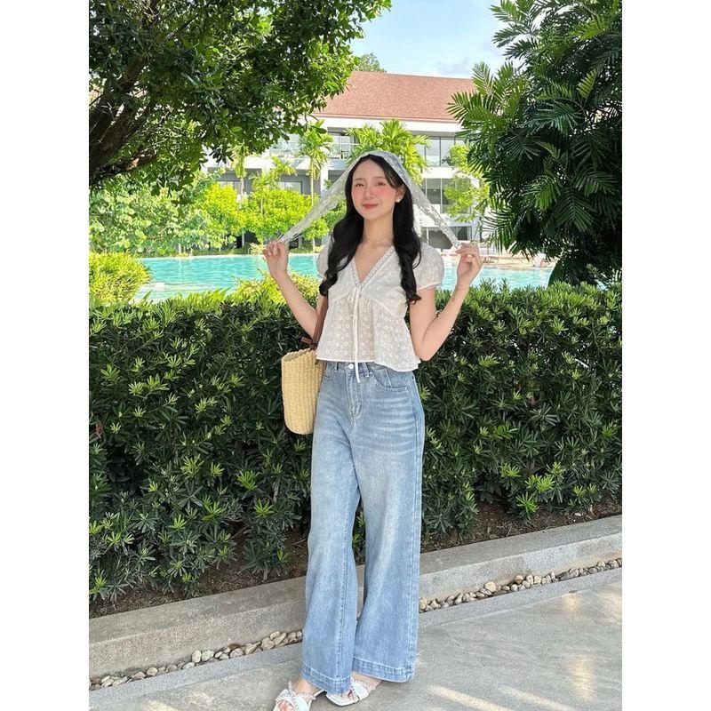 Summer Heart French Gentle Sweet Young Adult Cut Out Embroidered Tied V-neck Stylish Puff Sleeve Shirt Tops