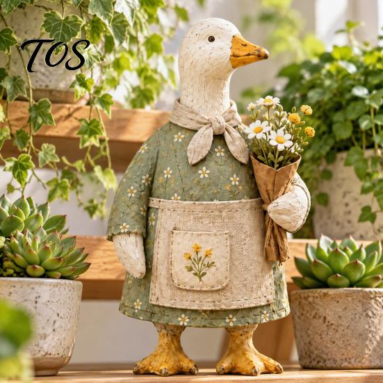 Garden Landscaping Supplies Rustic Goose Figurine, Resin Statue with Apron Holding Flowers, Vintage Style Figurines Cute Animal Ornament for