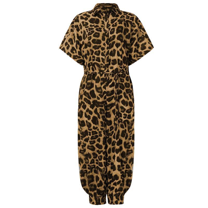 2020 Women's European Retro Leopard Print Short Sleeve Jumpsuit, Loose Plus Size, High Waist, Leg-Slimming Design