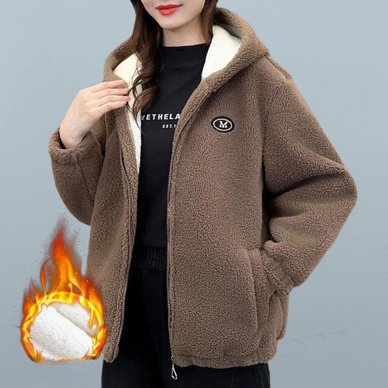Autumn and Winter Women's Plus Velvet Thickened Lamb Velvet Warm Cotton Jacket Mother Wear Casual Hooded Cotton Jacket