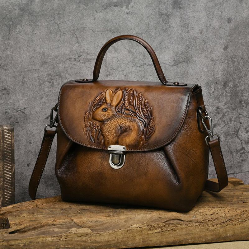 Johnature Rabbit Embossed Handbag Genuine Leather Retro Women Bag Versatile Real Cowhide Handmade Shoulder Bags
