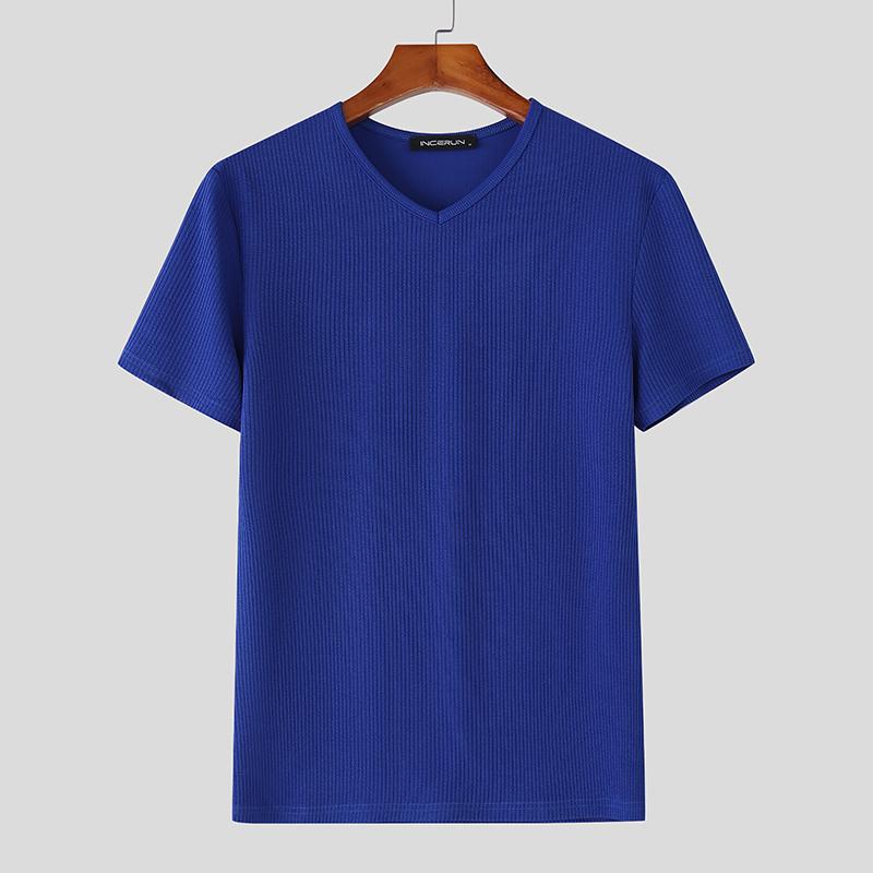

INCERUN Летние мужские топы и футболки с V-образным вырезом и короткими рукавами в рубчик однотонные S синий