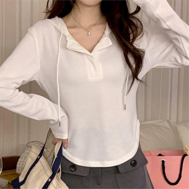 

Women s Irregular V-Neck Hooded Long Sleeve Top - Mid-Length, White, Minimalist Style Base Layer 2XL
