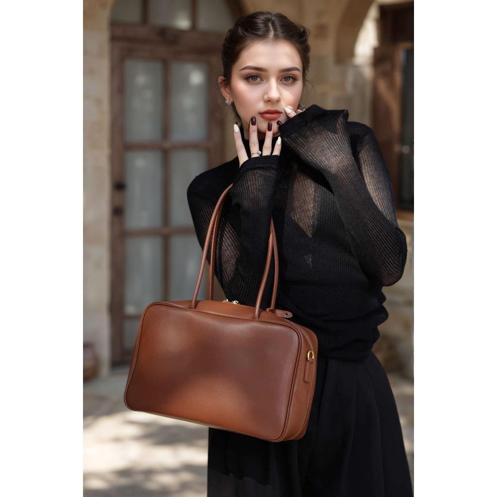 

Minimalist Leather Women s Handbag, Hand-held Commuting Tote, New Bowling Shoulder Bag коричневый