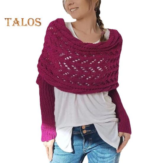 

Вязаный шарф с косами и рукавами, однотонный ажурный узор для вязания крючком, женский шарф-шаль, свитер в стиле бохо