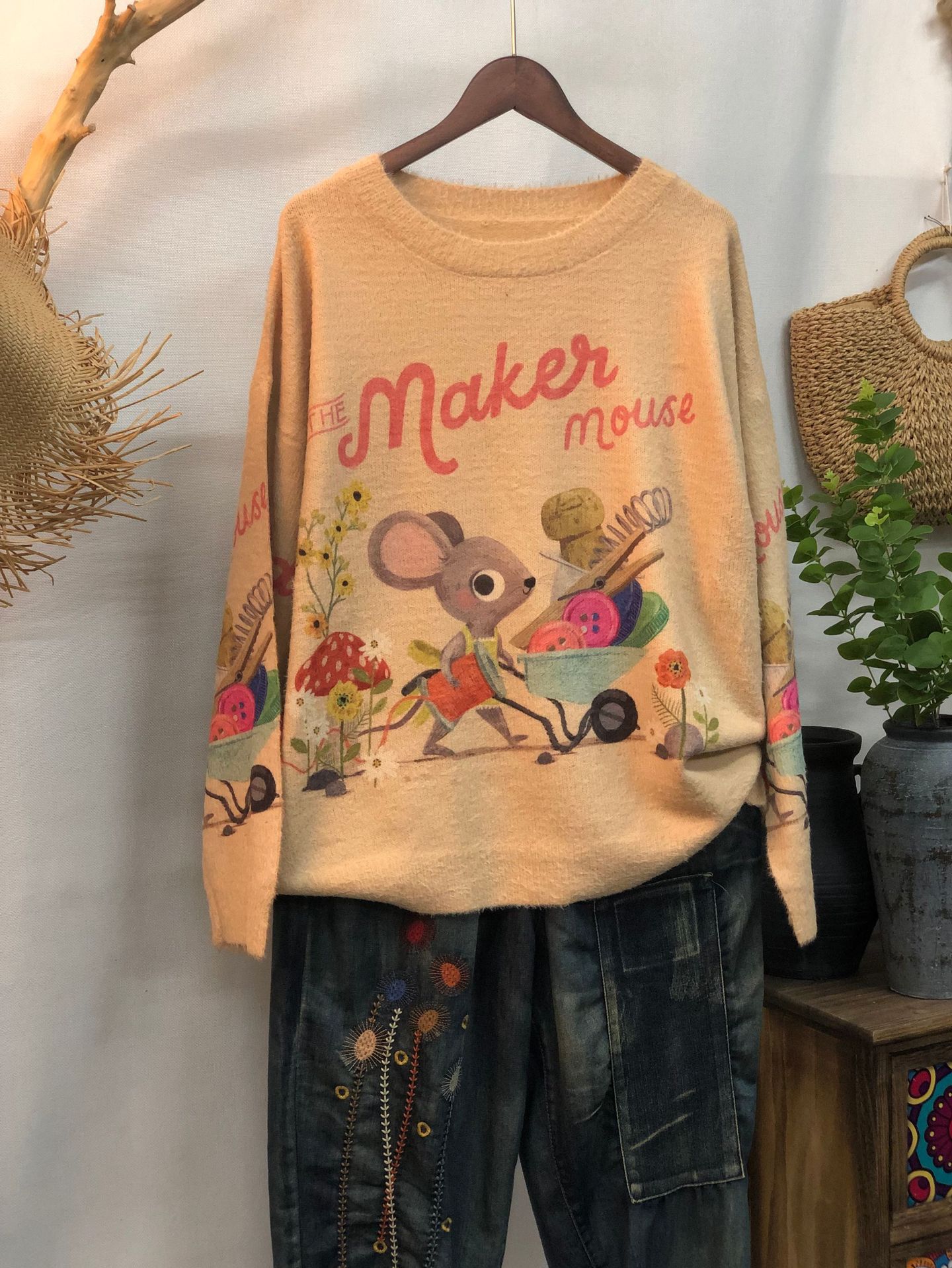 Creative autumn retro style literary pullover thick round neck loose short-sleeved sweater women s knitted sweater
