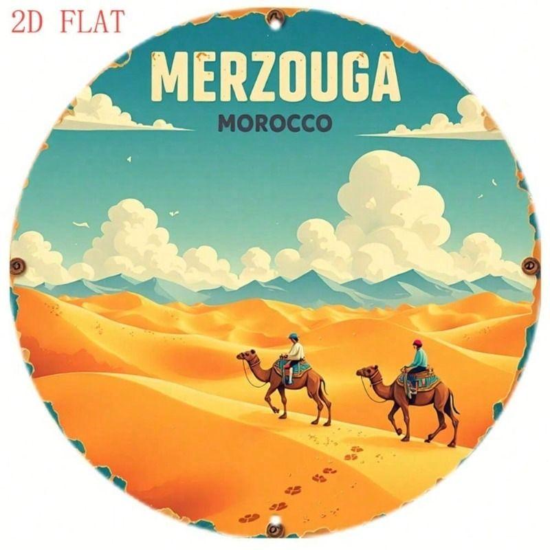 Metal Poster Wall Art Desert Camel Sunset Round Aluminum Decor for Living Room