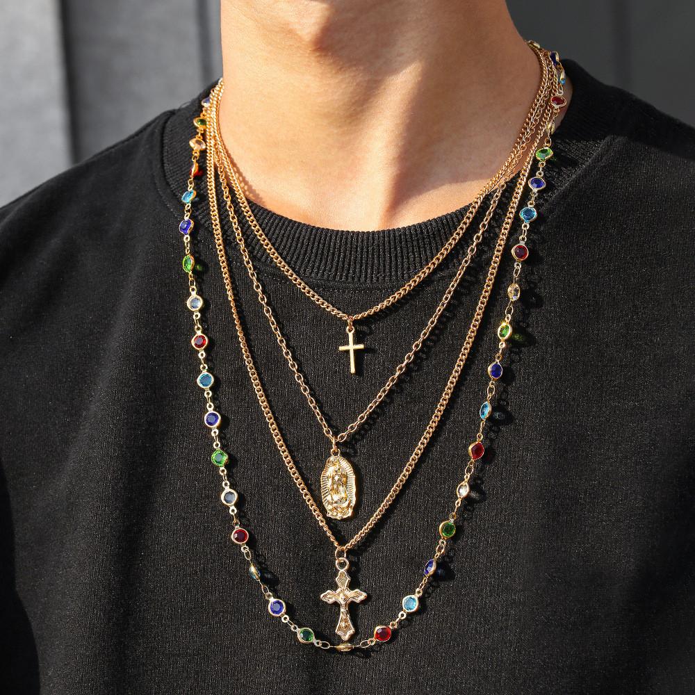 Geometric Cross Pendant Necklace With Tassel And Colorful Crystals For Fashion Forward Men And Women