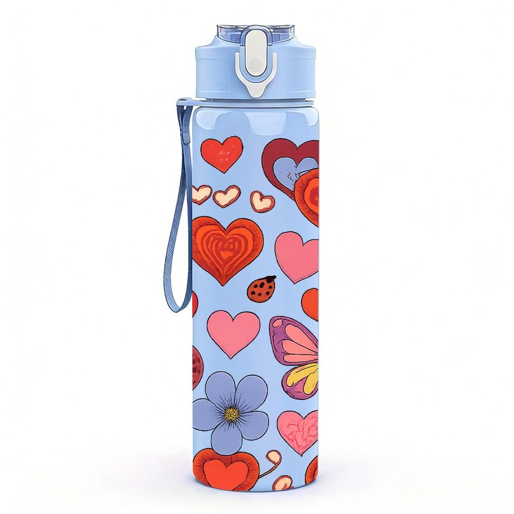 1PC Red Pink Heart Love Dense Pattern Print 750ml Color Plastic Sports Water Bottle Leakproof Flip Straw Lid Suitable for Sports Office Home Use