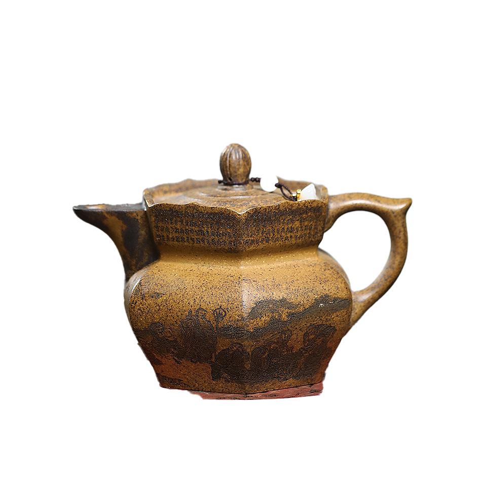 

Шестигранная шапка монаха Высокотемпературный дровяной обжиг Кость дракона Золотой песок Резной Исинский чайник из цзыша Набор для чая. 430ml