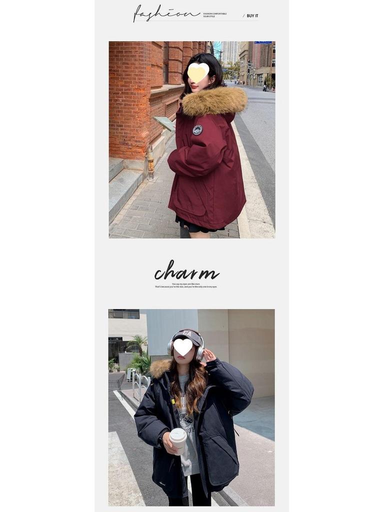 Women's 2025 Winter Thickened American Style Fur Collar Workwear Parka Jacket