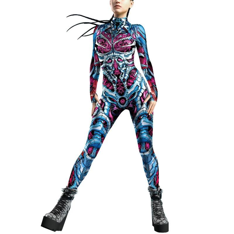 Halloween Party Cosplay Costumes for Women Holiday Party Fancy Performance Skeleton Armor Print Bodysuits