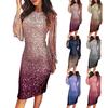 2025 New Women's Evening Gown Tassel Long Sleeves, Ombre Sequins, Mid-Length with Round Neck and Hollow Design for Dazzling Dinner Parties