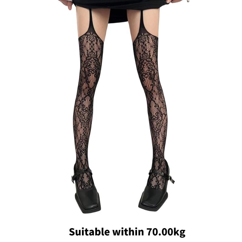 Women Fishnet Garter Belt Pantyhose Punk Flower Lace Patterned Sheer Thigh High Stockings Suspender Strap Tights Hosiery