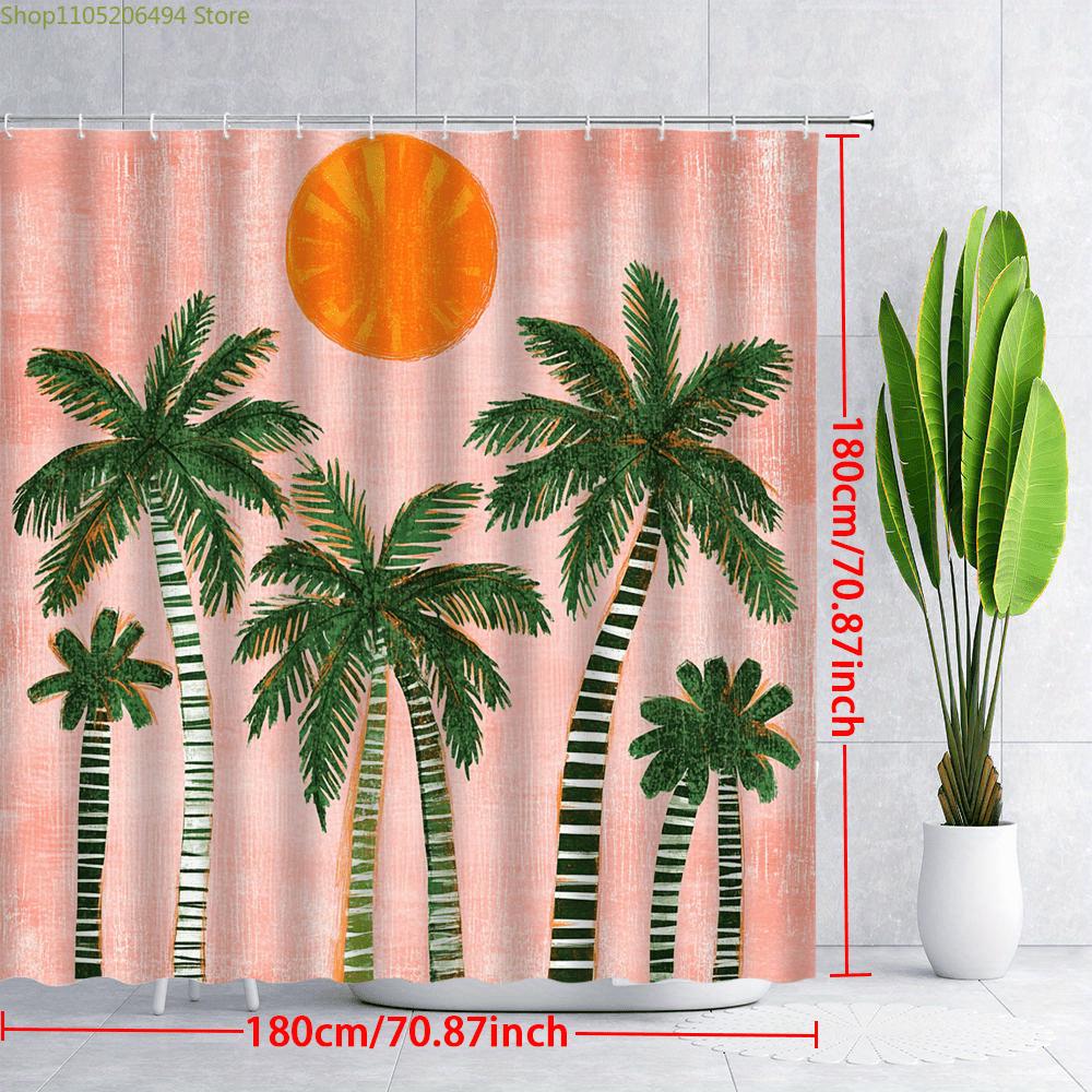 1pc Mid-Century Modern Palm Trees Shower Curtain - Stylish Black-and-White Striped Trunks, Orange Sun & Pastel Pink Background