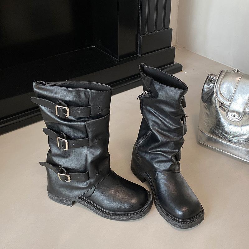 

Vintage thick heel mid-height boots western cowboy pile boots knight boots early autumn martin boots French pant tube women s boots 40 чёрный