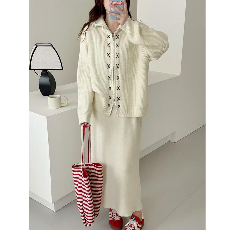 

Женский костюм свитером на лацканах с двойной молнией, новый осенне-зимний ленивый комплект из двух предметов: вязаный кардиган и юбка миди-макси. One size бежевый