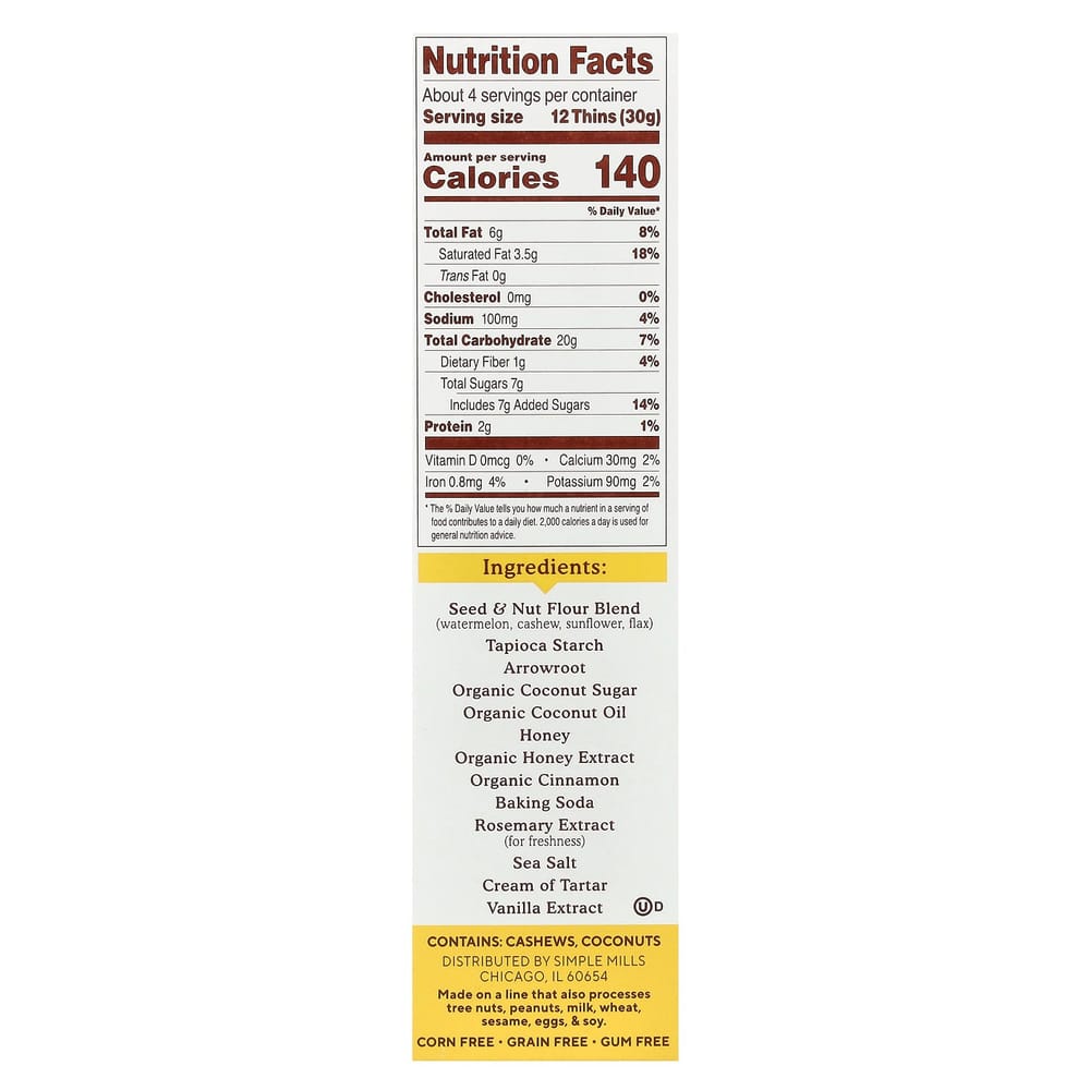 Simple Mills Seed & Nut Flour Sweet Thins, Honey Cinnamon Flavor 120g (4.25oz)
