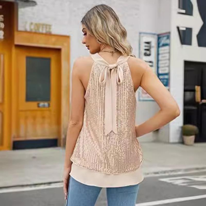 Women Fashion Hundred Sequins Outer Cross Hanging Neck Sexy Sleeveless Strapless Tank Top