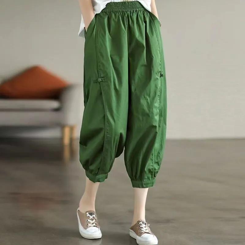 Seven Points Fashion Bloomers Trousers for Women Summer Thin Elastic High Waist Solid Color Pockets Casual Harem Pants